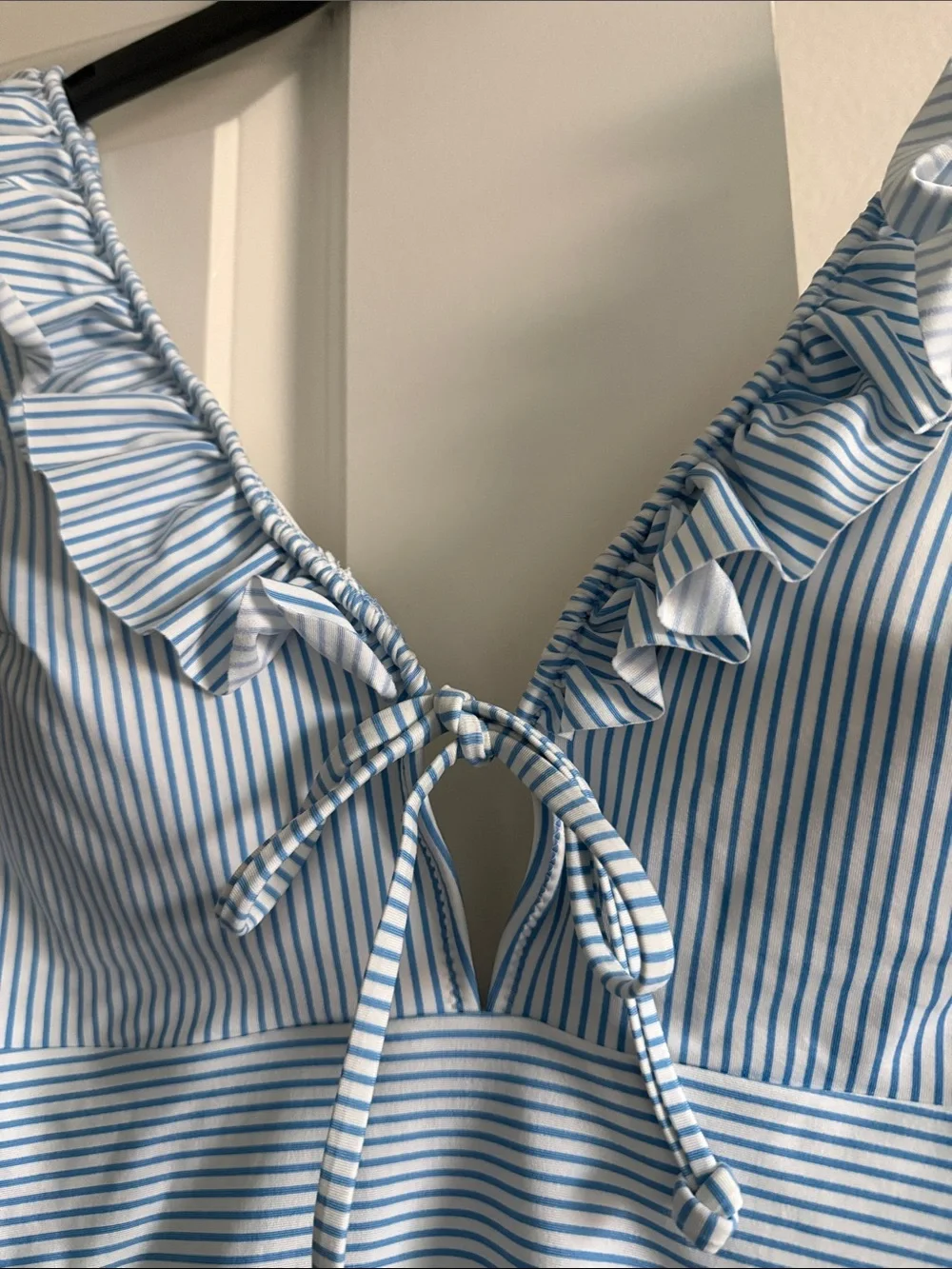 Ruffled V-Neck Blue Stripe One-Piece Swimsuit for Women